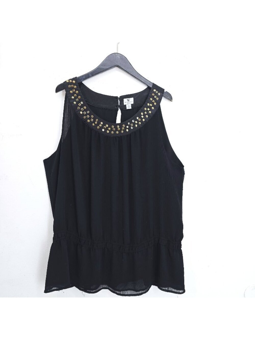 Worthington Black Cleopatra Studded Bib Double Gauzy Satin Sleeveless Peplum Top